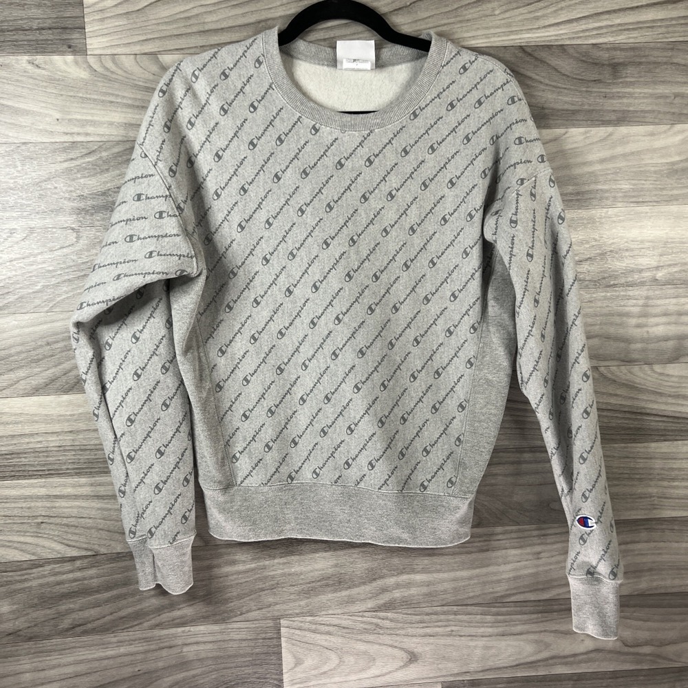Champion Reverse Weave All Over Print Sweatshirt Sz Small Grey Spellout Logo